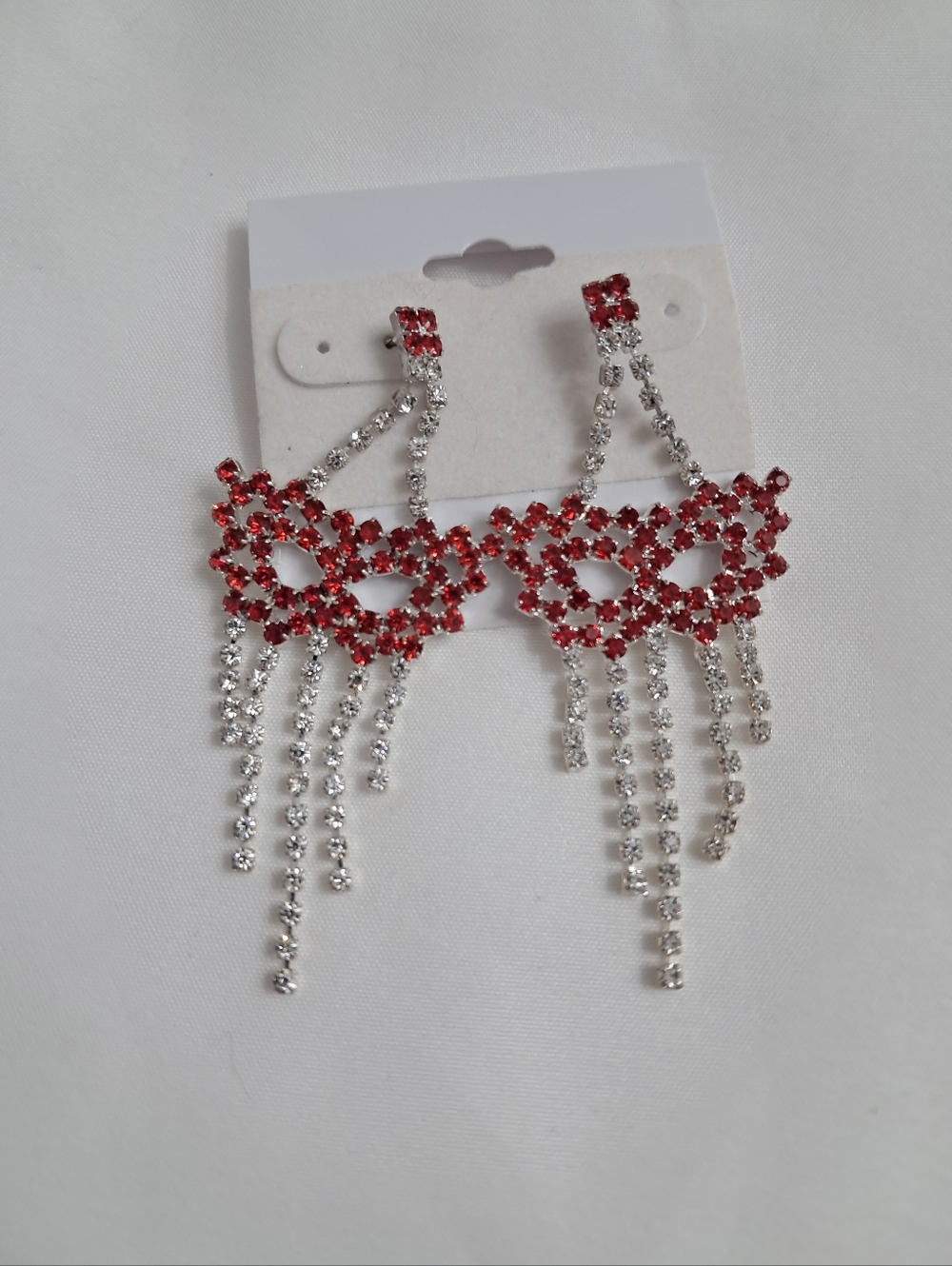 Masquerade Mask Chandelier Earrings Red Silver Rhinestones Dangle Mardi Gras